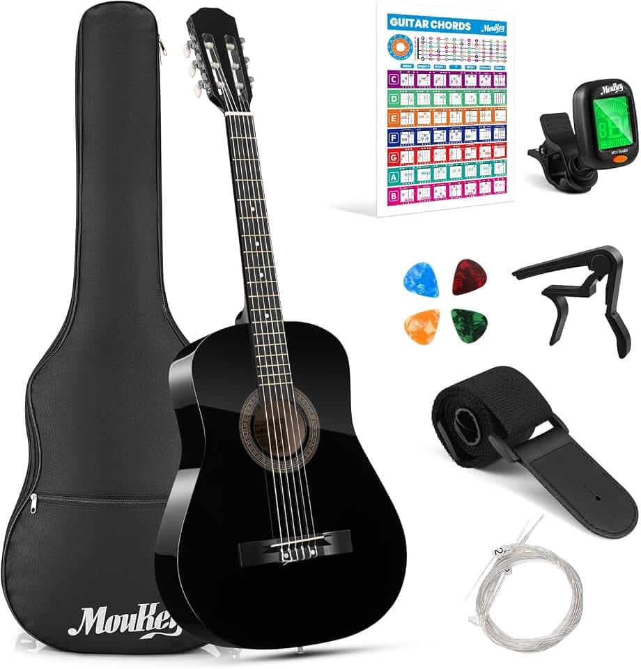 Moukey Akustikgitarre für Anfänger, Kinder, Jugendliche, Erwachsene, Dreadnought-Gitarre, Acustica-Kit mit Akkord-Poster, Gigbag, Stimmgerät, Plektren, Nylonsaiten, Kapodaster, Gurt, 96,5 cm, Schwarz