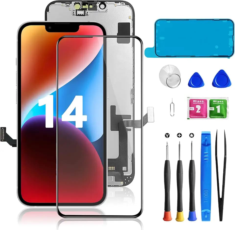 for iPhone 14 Screen Replacement Black, LCD Touch Digitizer Complete Display for A1864,A1897,A1898,with Waterproof Seal+Tempered Glass+Repair Tools
