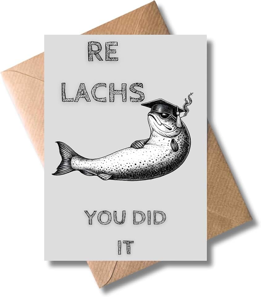 WBdesignz lustige Abschluss Karte mit Umschlag - Re Lachs you did it - witzige Glückwunschkarte zur bestandenen Prüfung - Gratulationskarte mit Wortspiel - für Frauen, Männer, Freunde (DIN A6)