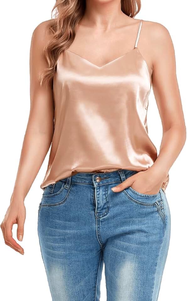 VIDUSSA Damen V-Ausschnitt Satin Cami Tank Top Seidentop Shirt Ärmellose Blusen Sommer Oberteile