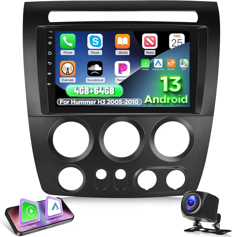 [4+64G] for Hummer H3 2005 2006 2007 2008 2009 2010 Android Car Stereo - Wireless Carplay & Android Auto - 9 Inch Touchscreen Radio with 32EQ DSP/WiFi/GPS/SWC/Mirror Link + AHD Rear View Camera, MIC