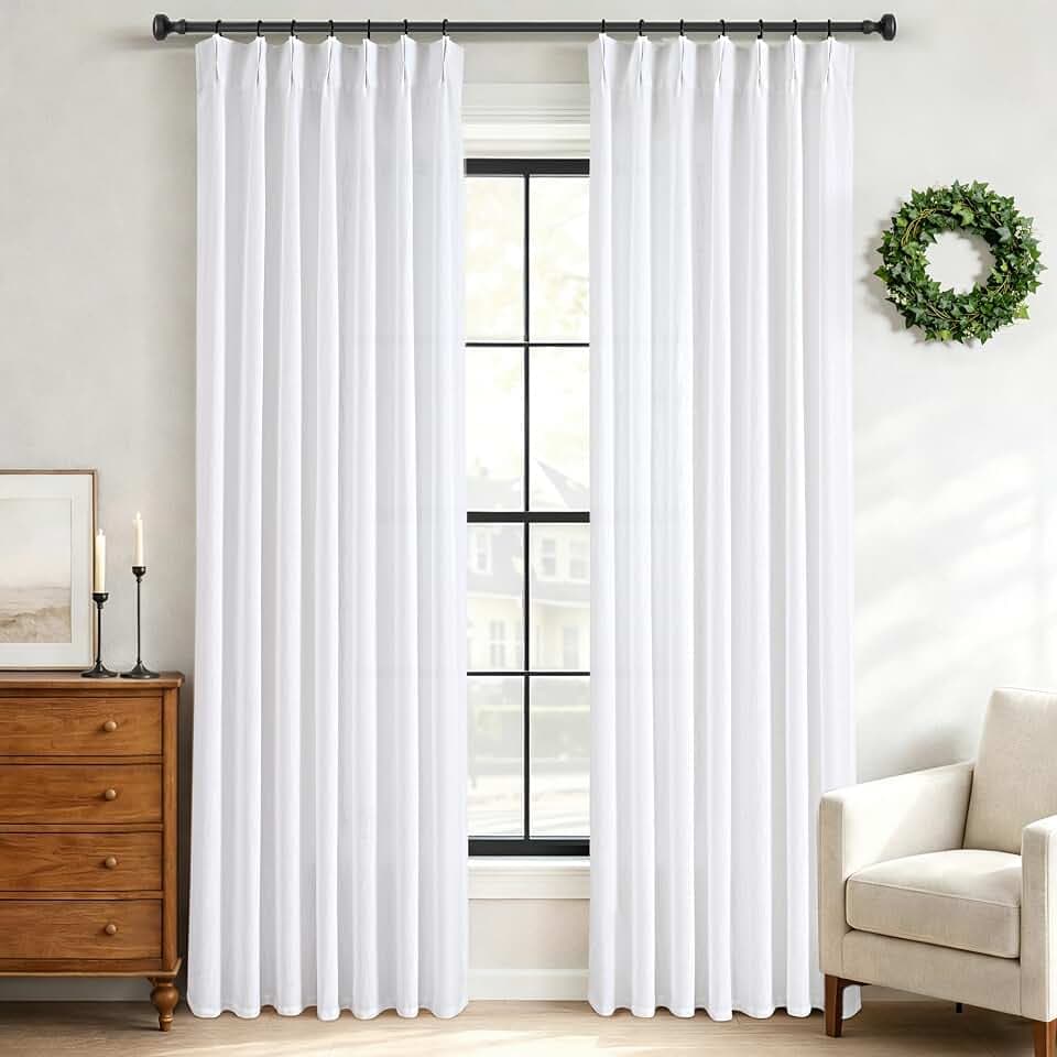 Pinch Pleated White Curtains 108 inch Length for Living Room 2 Panels