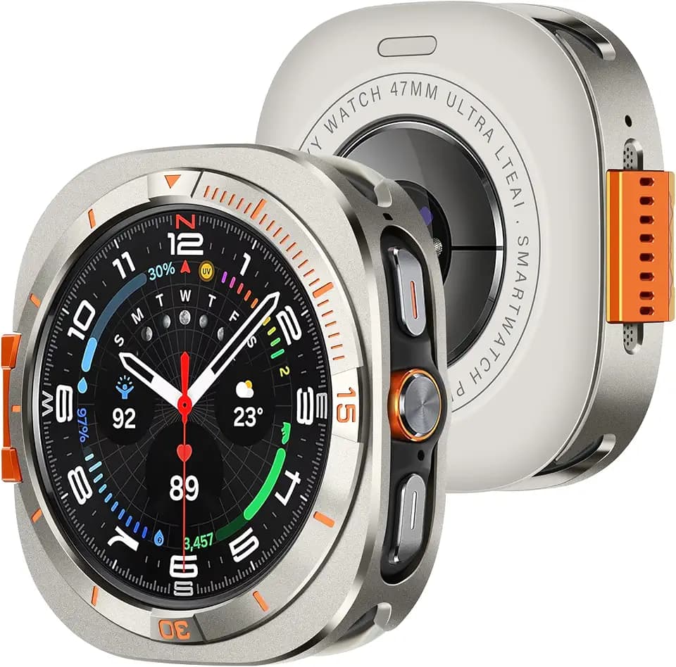 Amizee Rugged Metal Case for Galaxy Watch Ultra 47mm, Titanium/Orange