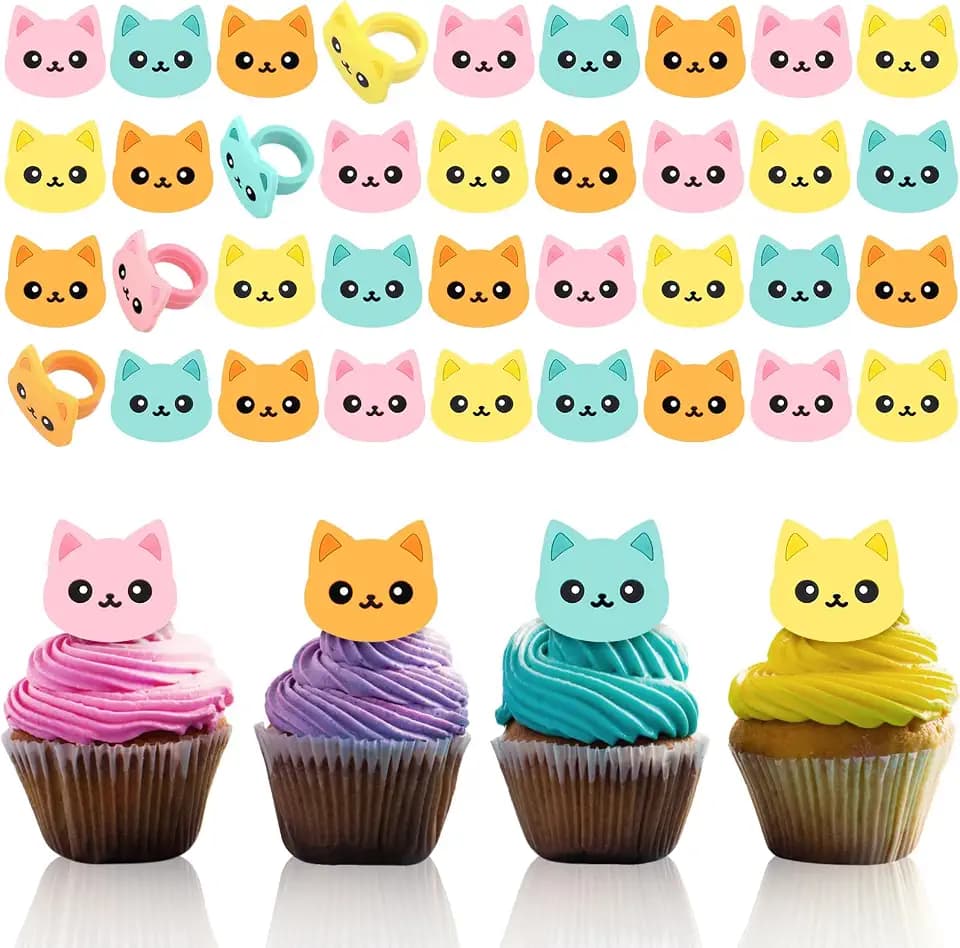 Chuangdi 48 Pcs Cat Cupcake Rings Cat Cake Topper Ring Birthday Decor