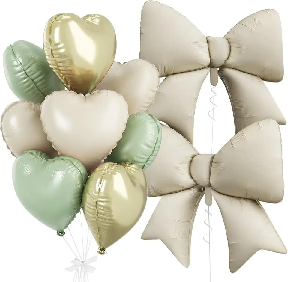 Bow Balloons, Sage Green Gold Heart Balloon for Safari Baby Shower Birthday
