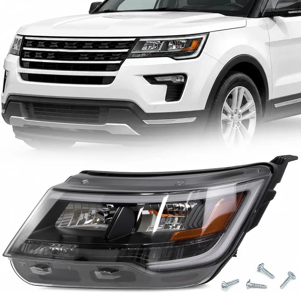 LH Chrome Bezel LED Headlight Assembly W/o LED Control Module Compatible with 2016-2019 Ford Explorer Sport/Limited/XLT/Platinum (Halogen Model), Headlamp W/LED DRL Replace FO2518130