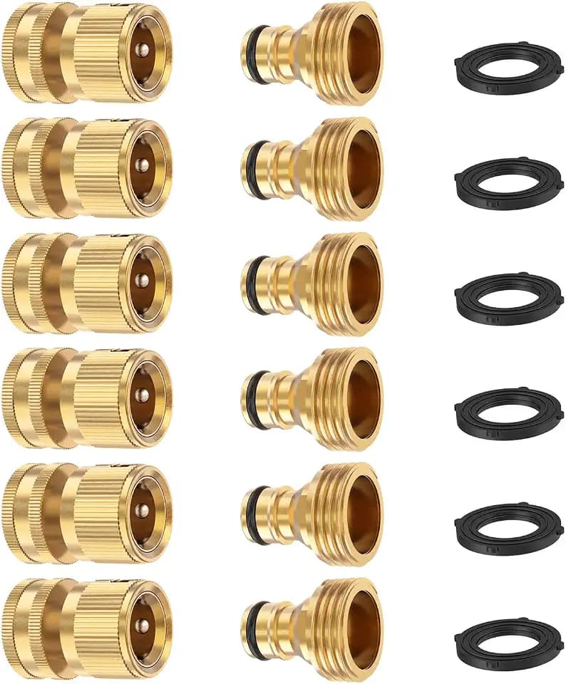 FINEST+ Garden Hose Quick Connector, Solid Brass 3/4 Inch Thread Fitting No-Leak Water Hose Female and Male Easy Connect (6 Sets)