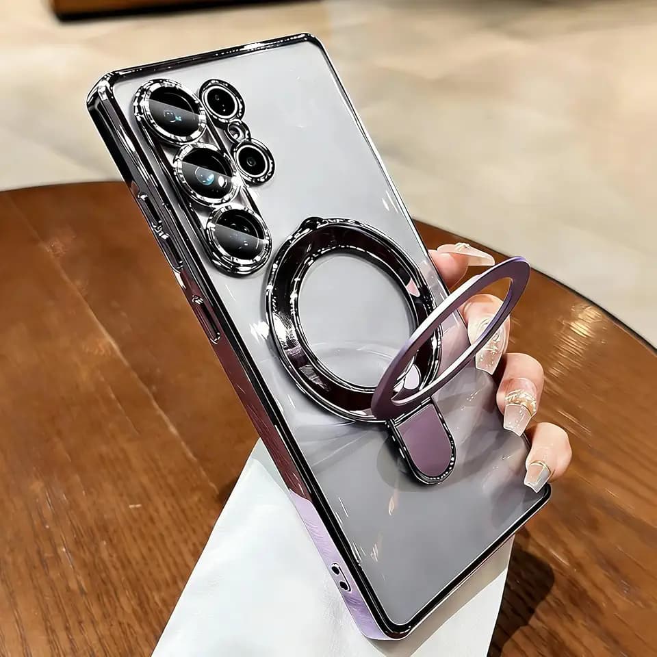 Omio Magnetic Ring Stand for Galaxy S26 Ultra Case Compatible with MagSafe, Military Drop Protection Clear Plating Soft Shockproof Case with Camera Lens Protector for Men Women Purple