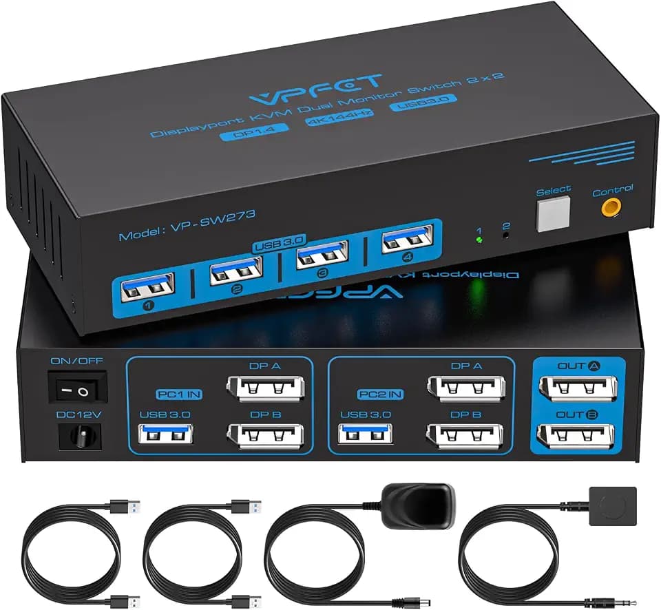 8K DisplayPort KVM Switch 2 Monitors 2 Computers, 4K@144Hz Dual Monitor KVM