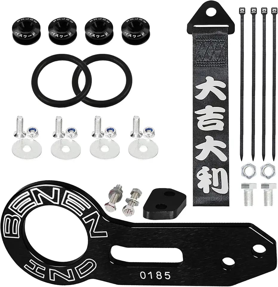 Heart Horse JDM Tow Strap with Bumper Quick Release Rear Tow Hook Kit Black