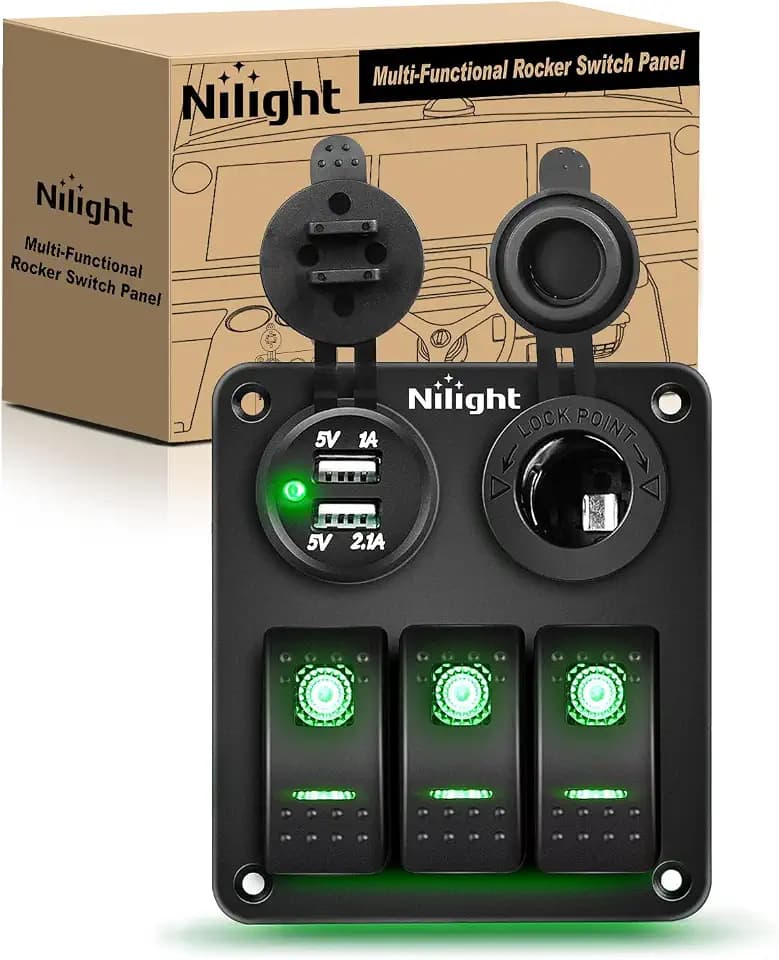 Nilight 3 Gang Rocker Switch Panel SPST On Off 12 Volt Toggle Green