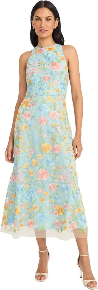 Maggy London Women's Embroidered Women's High Neck Tea Length Special Occasion Midi - Formal Evening Party Cocktail Dress
