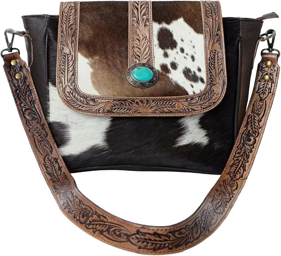 Merbaa Women's Leather Floral Printed Crossbody Bag Handtooled Adjustable Shoulder Bag Multipocket Purse Handbag