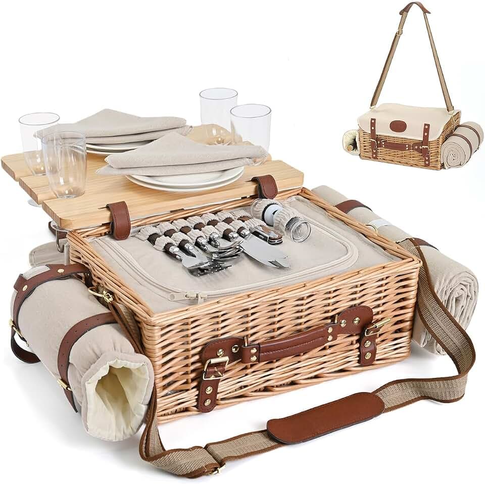 Multifunktionales Picknickkorb-Set aus Weidengeflecht für 4 Personen mit Decke und Picknicktisch, isoliertes Picknick-Set mit vollem Geschirr für Camping, Outdoor-Paare, Natur