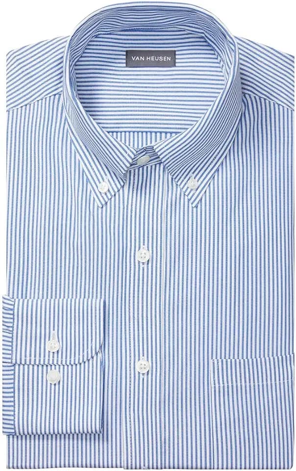 Van Heusen Men's Pinpoint Regular Fit Stripe Button Down Collar Dress Shirt, Blue, 15" Neck 32"-33" Sleeve