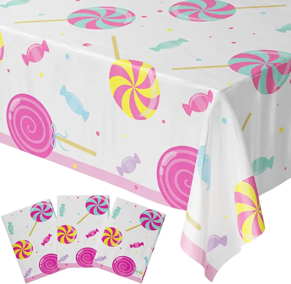 Blue Orchards Candy Table Covers (Pack of 3) - 54"x108" XL - Candyland Tablecloth, Lollipop Birthday Party Decorations Supplies, Halloween Disposable Plastic Table Cloth, Trick or Treat Tablecover
