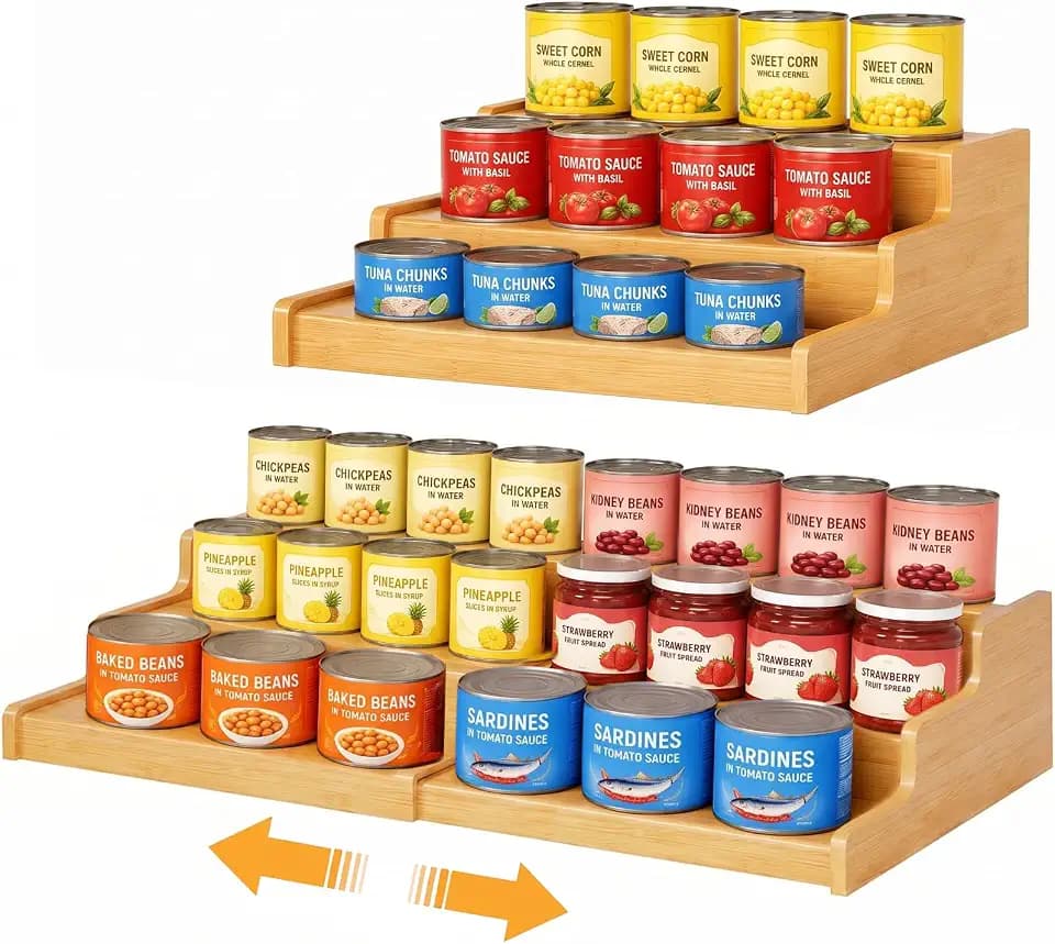 Expandable Bamboo Can Rack Organizer for Pantry, 3-Tier Can Storage Holder