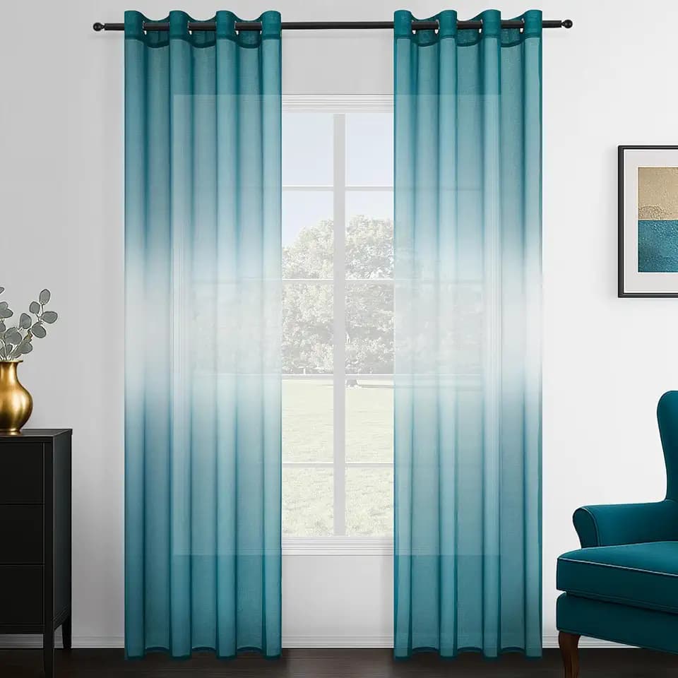 Topfinel Gardinen Transparent Durchsichtig Vorhänge mit Ösen für Wohnzimmer Modern Schlafzimmer Gardine Sheer Voile Vorhang Zweifarbiger Türkis und Weiße 140x240 cm (B x H) 2er Set