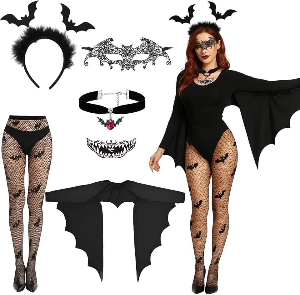 Fledermaus Kostüm Damen Set – Halloween Cape mit Flügeln, Spitzen Augenmaske, Haarreif, Vampir Zubehör – Gothic Verkleidung für Karneval & Cosplay