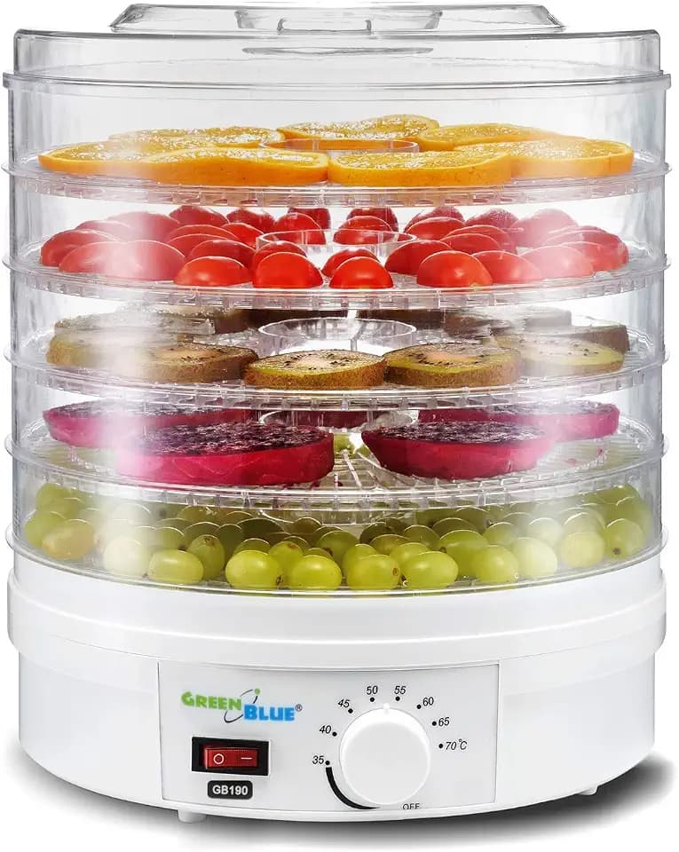 Green Blue GB190 Dörrautomat mit Temperaturregler 35–70 °C | 250 W BPA-frei Extra Leise | Dörrgerät für Obst Gemüse Fleisch Fisch Kräuter Pilze | 5 Platten je 4,5 cm Höhe