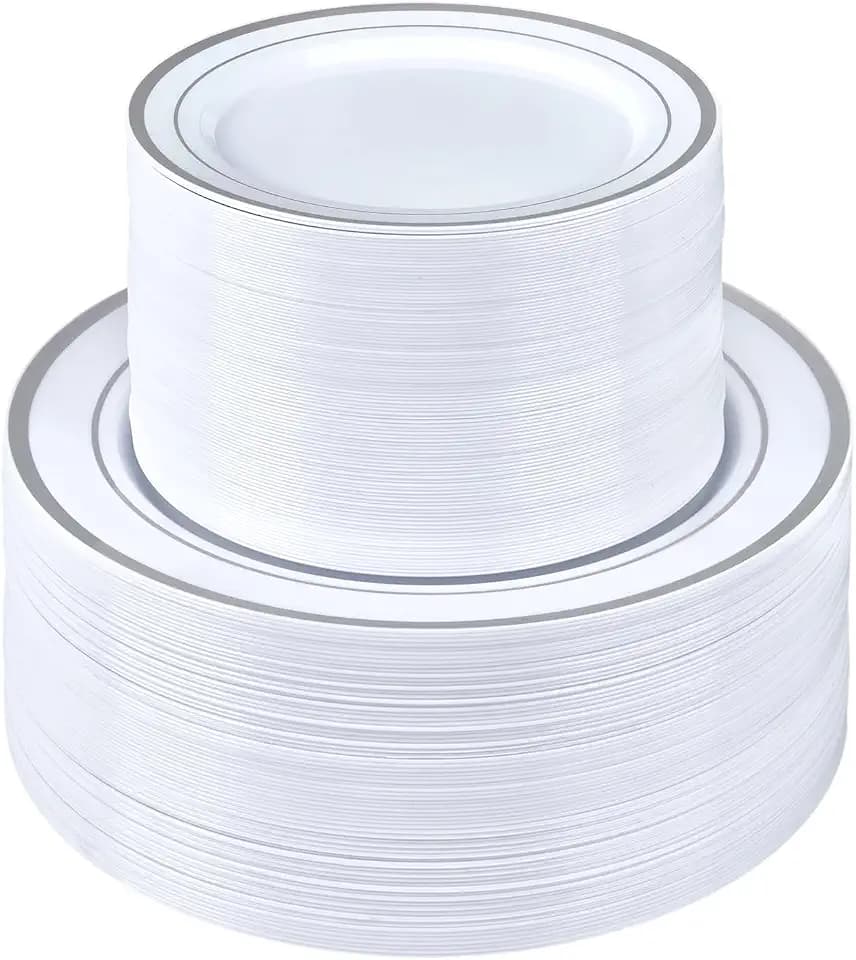 BESTSTAR 200PCS Silver Plastic Plates Set