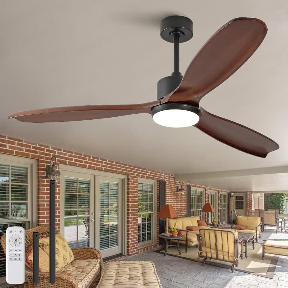 KBZZ 60 Inch Ceiling Fans with Lights and Remote, Dimmable, Outdoor Ceiling Fans for Patios, 3 Blade Wood Ceiling Fan with Light for Indoor Living Room Bedroom, Reversible DC Motor, Memory Function