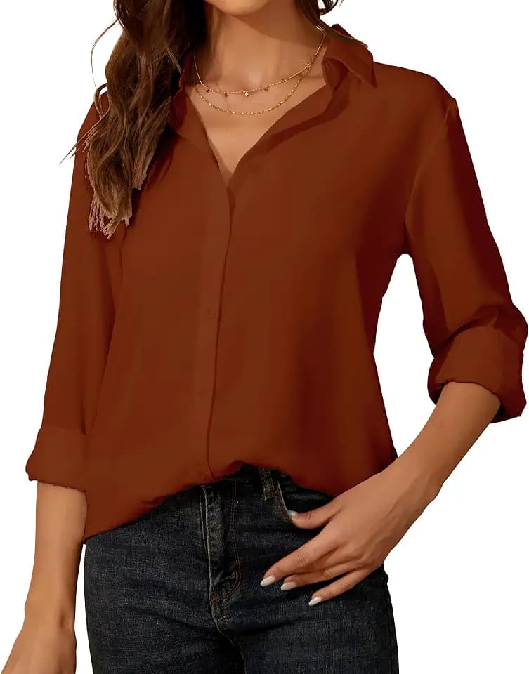 SPRING SEAON Damen-Bluse, langärmelig, Chiffon, V-Ausschnitt, Button-Down-Shirt, lässig, Büro, Arbeit, Tops für Damen