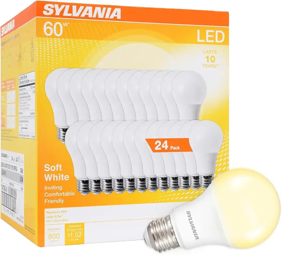 Sylvania LED A19 Light Bulb, 60W Equivalent, Efficient 8.5W, 10 Year, 2700K, 800 Lumens, Frosted, Soft White (74765), Packaging May Vary (Pack of 1, 24 Count Total)