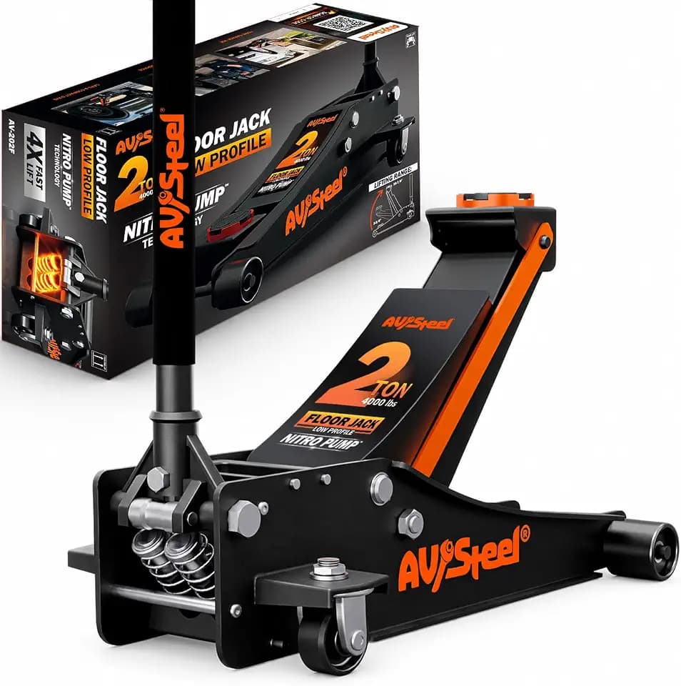 AV Steel Low Profile Floor Jack 2 Ton (4,000 lbs), Lift Range 3-3/8" to 16-7/8" for Passenger & Sports Cars, Hydraulic Steel Floor Jack with Dual Piston Pump - Not for Trucks, SUVs or RVs