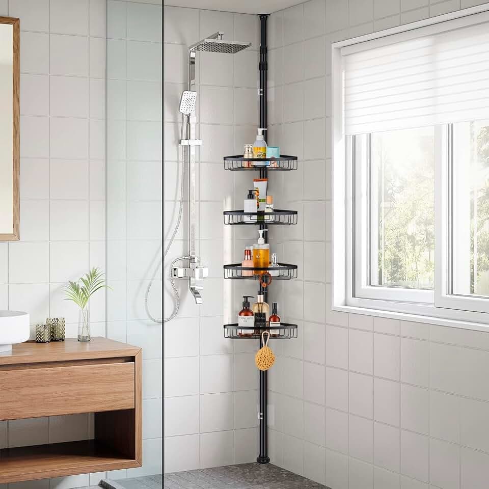 QIUFEN Teleskop Duschregal, Metall Eckregal Badezimmer Regal Duschregal ohne Bohren Duschablage Ecke, Teleskopregal Bad für Dusche, Höhenverstellbar von 73-302 cm (Schwarz)