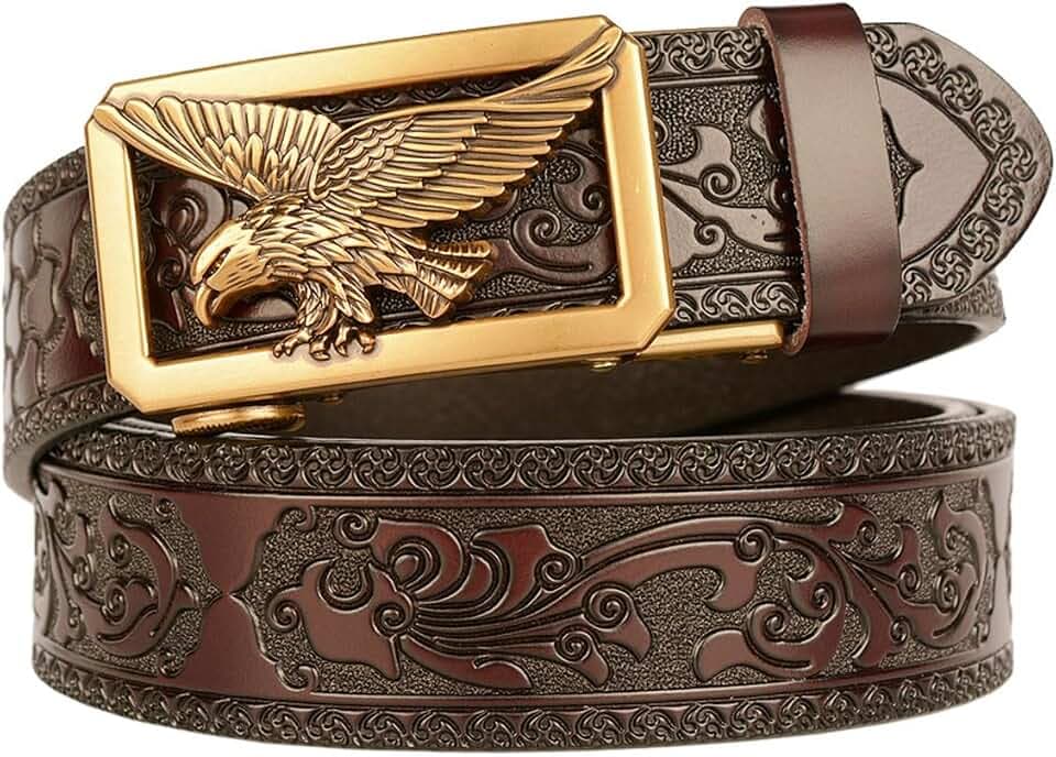 Men's Leather Ratchet Belt Retro Buckle Casual Business Belt for Jeans 49" Adjustable Trim to Fit