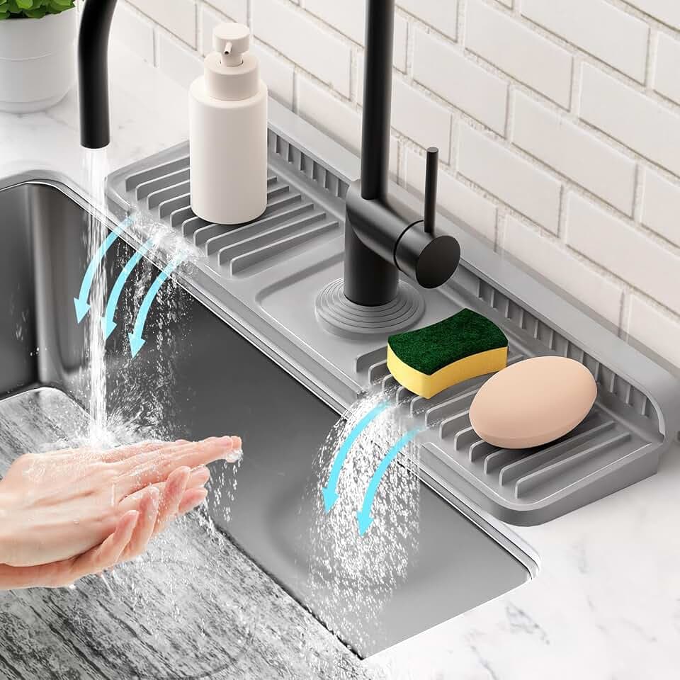 17.7'' Faucet Mat for Kitchen Sink Splash Guard[7° Slope Fast Self-draining][Snap Lock Fit] Folding Kitchen Sink Faucet Mat Splash Guard Kitchen Sink Area Water Splash Guard Behind Faucet Draining Mat