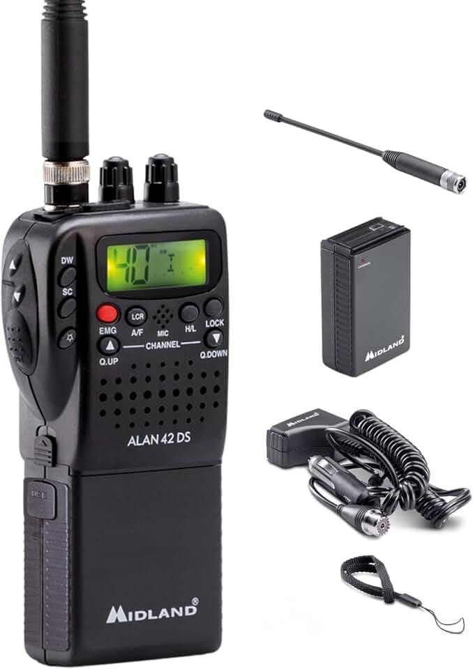 Midland Alan 42 DS CB-Handfunkgerät mit Multiband AM/FM, tragbares CB-Funkgerät mit Zubehör & digitaler Rauschsperre, für alle EU-Länder, schwarz