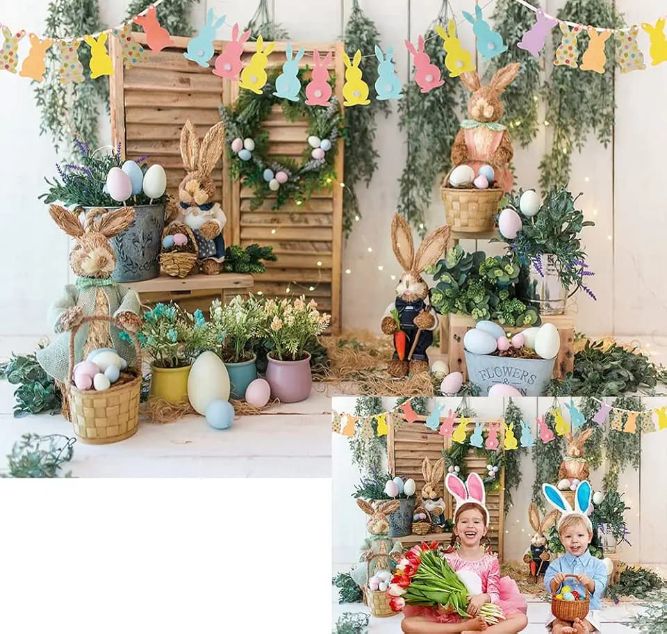 Easter Backdrop Rabbits Colorful Eggs Photography Background Spring Rustic Flower Stand Bunting Baby Shower Children Party Decoration Banner Photos Booth