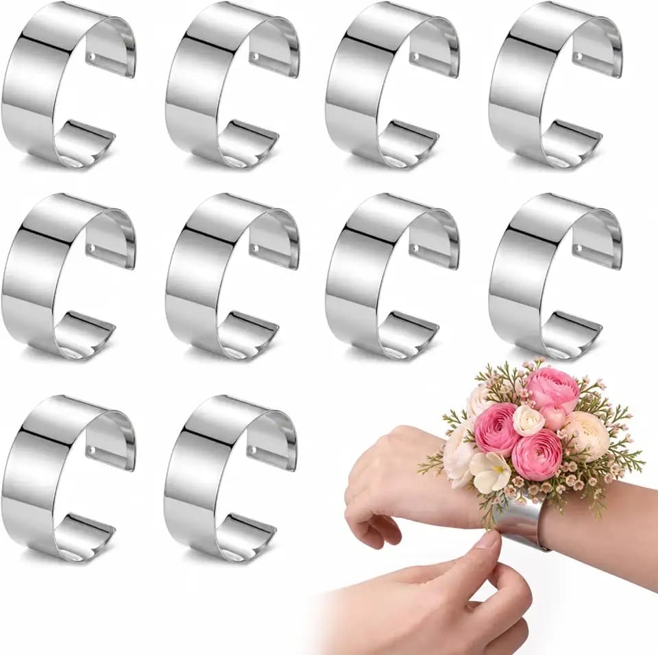 Liliaafar Silver 10 Pcs Corsage Wristlet Bracelet Bands for Women Cuff Bangle Bracelet Wrist Corsage DIY Wedding Wristband Wide Open Adjustable for Wedding Bridal Party Prom (0.98",Narrow Cuff)