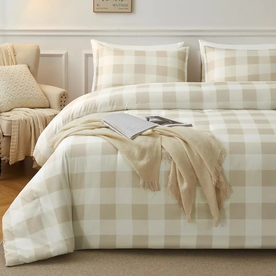 Andency Beige Grid Comforter Set, 3 Pieces King Gingham Bedding Set