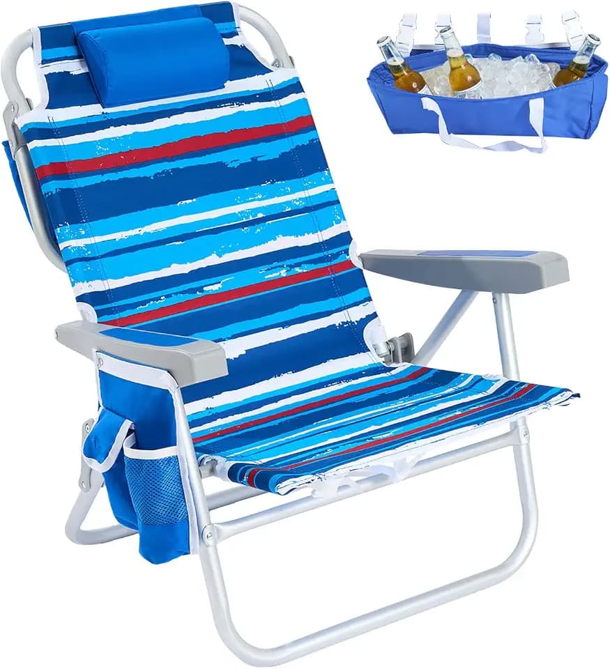SUNNYFEEL Low Beach Chair 5 Position Lay Flat, Portable Folding Backpack Beach Chairs Heavy Duty with Cooler Bag, Cup Holder for Outdoor/Lawn/Picnic/Fishing, Foldable Camping Chair (New BlueStripe)