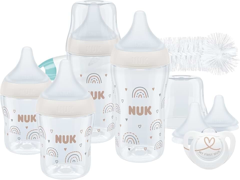 NUK Perfect Match Perfect Start Babyflaschenset | Ab 0 Monate | Passt sich dem Baby an | 4 Anti-Kolik-Babyflaschen, Schnuller, Flaschenbürste und mehr | 9 Stück