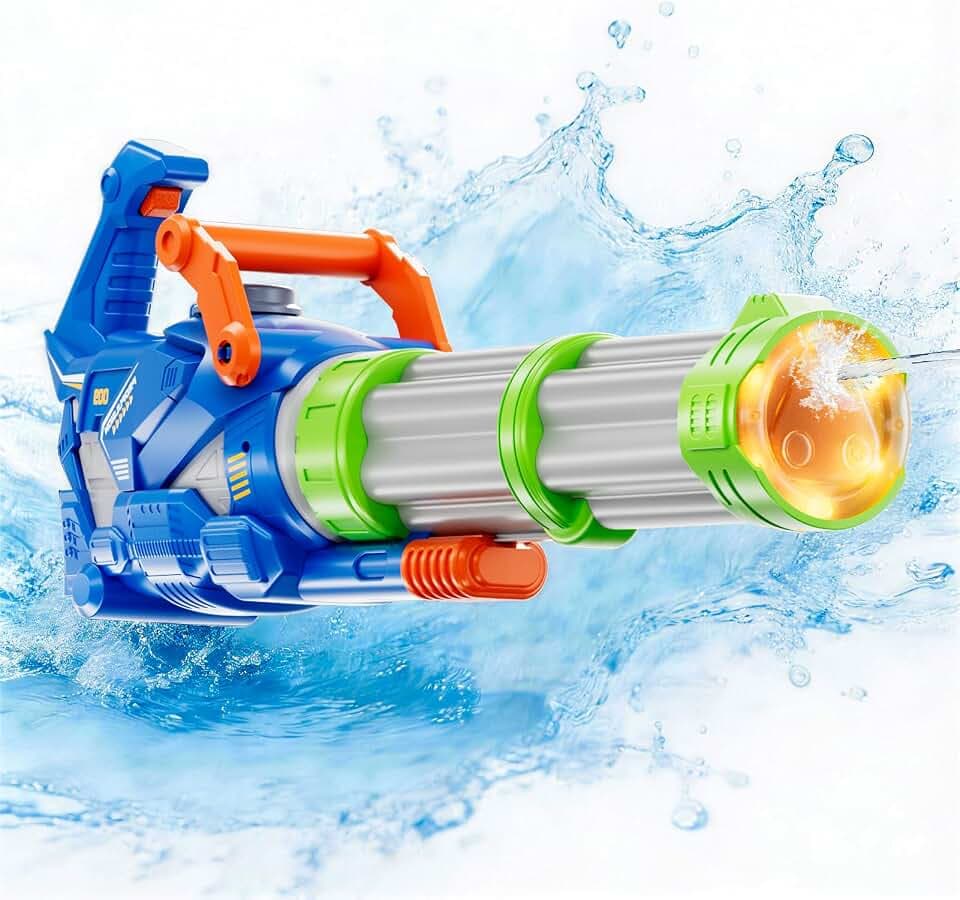 Gatling Elektrischer Wasserstrahl, Automatische Spritzpistole mit Licht- und Soundeffekten, Ein-Klick-Absaugung, Soaker Wasserwaffe für Outdoor-Sommerkämpfe für Kinder ab 3+ und Erwachsene (Blau-weiß)
