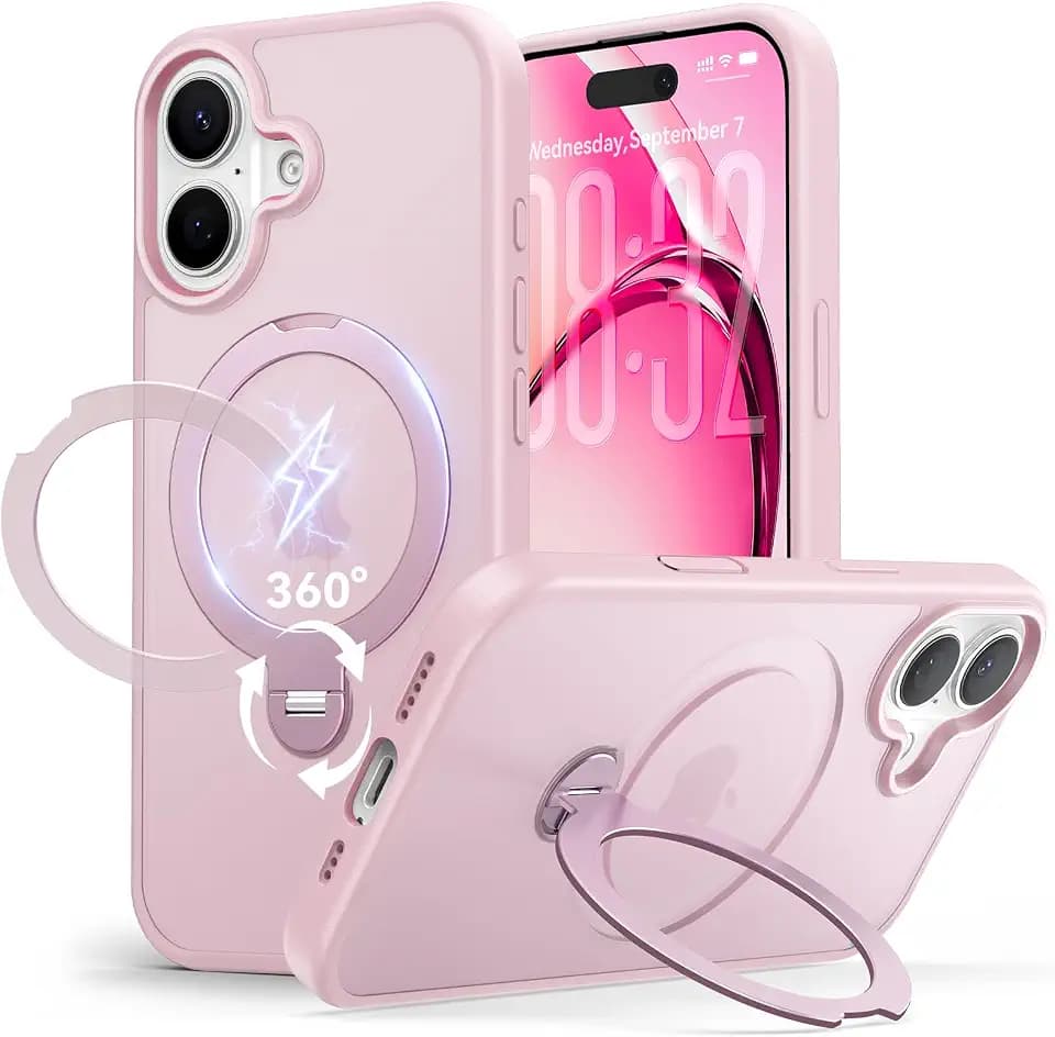 for iPhone 16 Case: with 360° Spin Magnetic Stand, Camera Control Button, Fit for MagSafe, Military Drop Protection, Protective Slim Phone Cover for iPhone16 with Ring Kickstand, 6.1", Pink