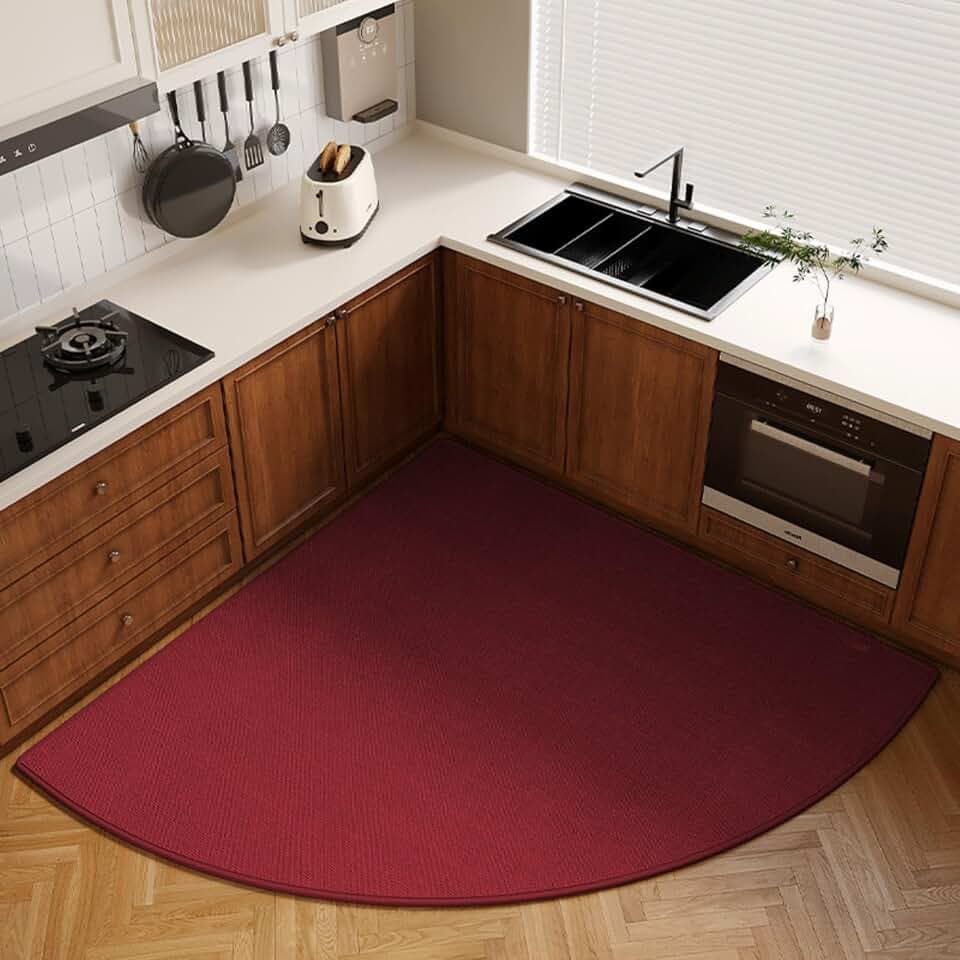 Non-Slip Corner Kitchen Rug - Super Absorbent Braided Floor Mat for Sink Areas, Washable Circular Sector Mat with Rubber Backing, Imitation Linen Kitchen Carpet (Burgundy, Radius 39'')