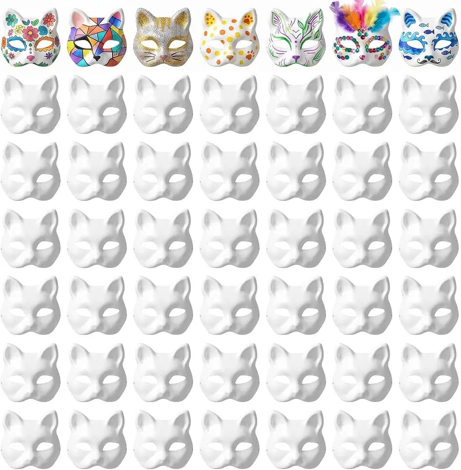 EupHHonycs 40 Pcs Cat Masks White Therian Masks Blank DIY Paintable Halloween Mask for Masquerade Costume Cosplay Accessories
