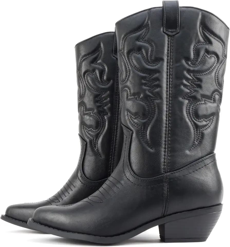 Soda “TELLER” ~ Women's Western Cowboy Boots with Stitched Detailing, Pointed Toe, and Low Block Heel
