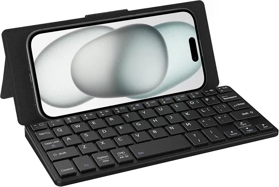 CACOE Wireless Keyboard with Stand, Mini Keyboard for Cell Phone, Ultra-Slim Portable, Foldable, Dual-Channel QWERTY with Stand Holder for Smartphone and More iOS Android Windows, Black