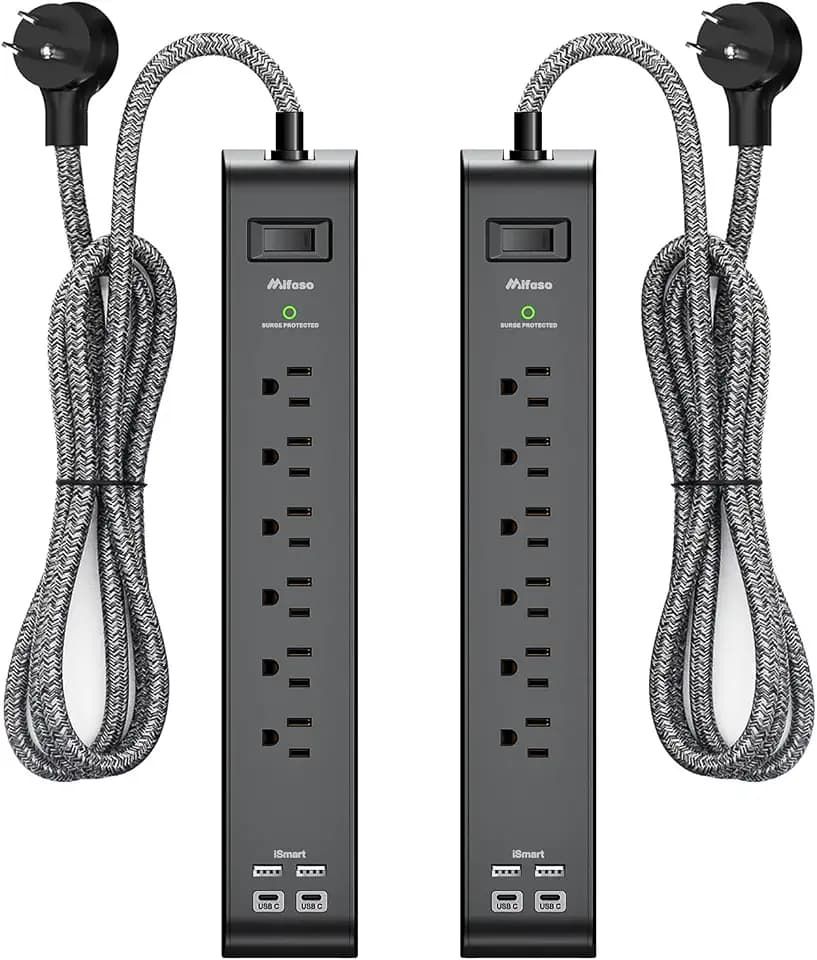 2 Pack 15FT Surge Protector Power Strip, Long Extension Cord, Flat Plug