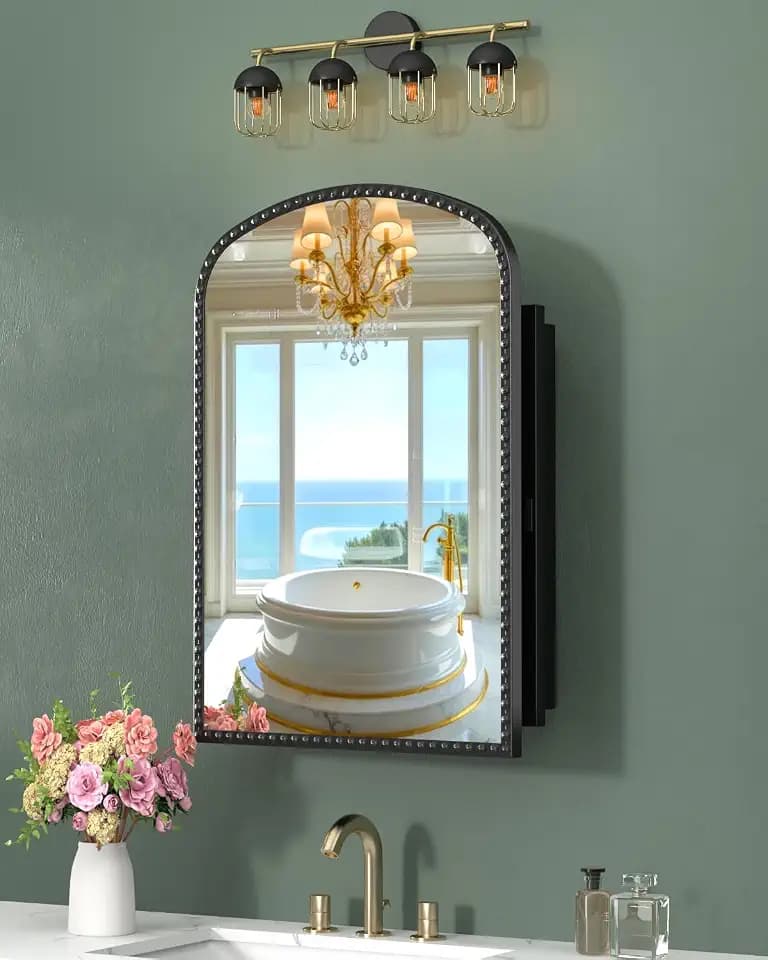 20"x28" Black Medicine Cabinet for Bathroom, Surface Mount or Recessed Medicine Cabinets with Storage and Arched Mirror , All-Metal Daisy Decor Frame, Includes 2 Adjustable Shelves and 1 Organizer
