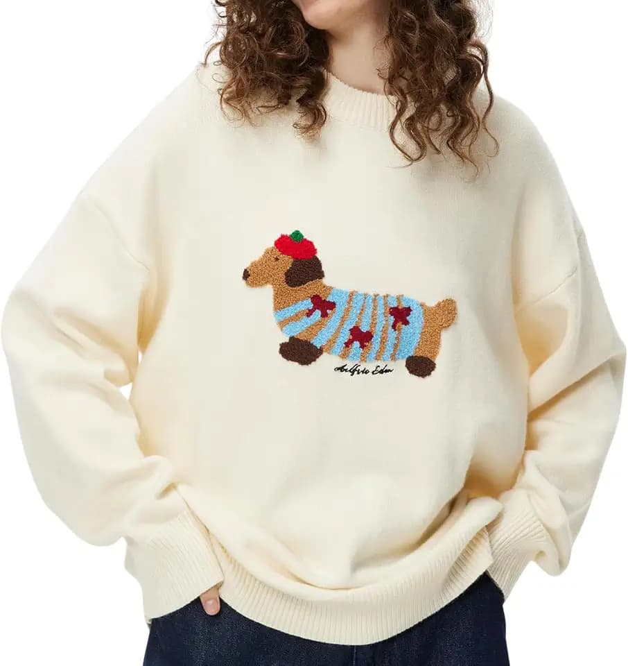 Aelfric Eden Women's Cartoon Dog Sweater Oversized Crewneck Knit Pullover