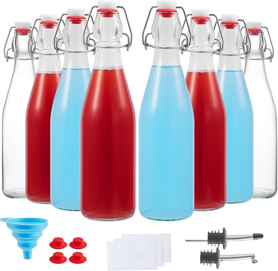 8 Set, 16 OZ Swing Top Glass Bottles - Flip Top Beer Brewing Bottles with Stopper for 2nd Fermentation, Kombucha, Mead Kefir, Vanilla Extract, Juice, Tea, Wine - Airtight Cap Lids, Bonus 2 Pourers