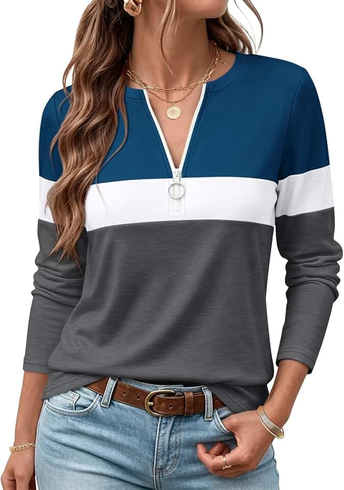 ORANDESIGNE Women's Long Sleeve Shirts Fall Zipper Tops Tunics Ladies Casual Tees Blouses