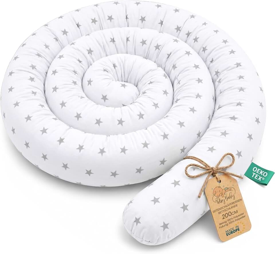 Totsy Baby XXL bettschlange bettkissen stillkissen bettrolle bettkantenschutz zierkissen bettumrandung Schlange XL Handmade graue Sterne auf weiß 200 cm Oeko-tex-Zertifikat